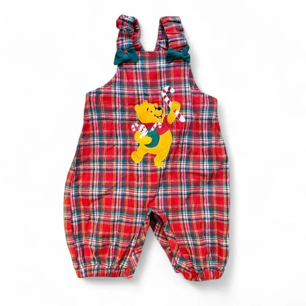 Vintage Winnie the Pooh Plaid Baby Romper Christmas 6/9M Disney Cartoon